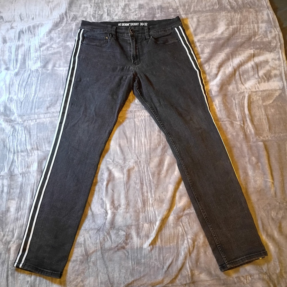 HT Denim Skinny Jeans Mens 36x32 Black‎ White Side Stripe Slim Fit Casual Pants